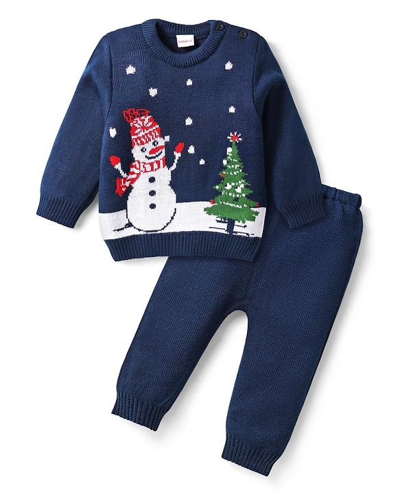 Babyhug Knitted Full Sleeves Sweater Set With Christmas Design - Navy Blue