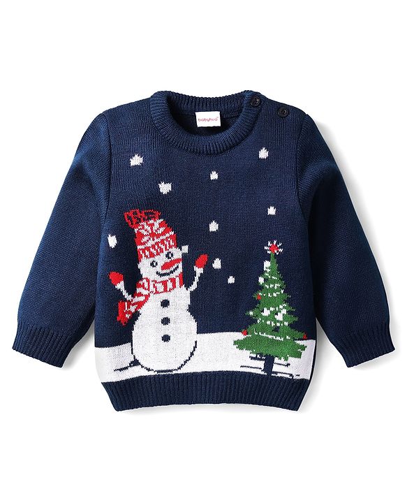 Babyhug Knitted Full Sleeves Sweater Set With Christmas Design - Navy Blue