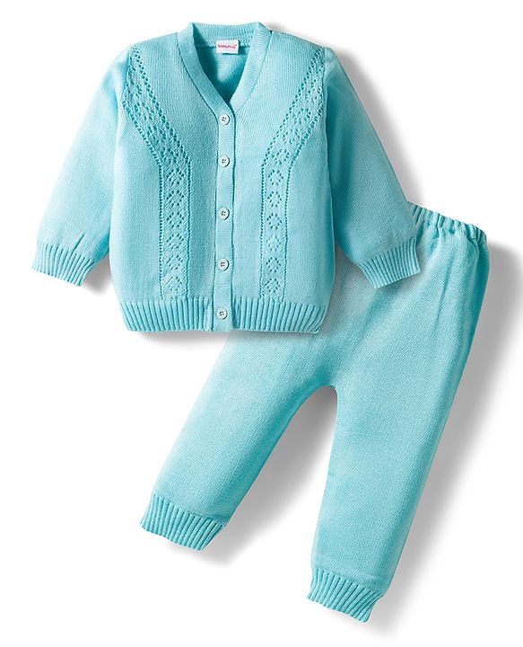 Babyhug Knitted Full Sleeves Solid Sweater Set - Light Blue