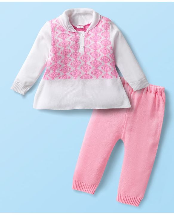 Babyhug Knitted Full Sleeves Collared Sweater Set with Design - Pink