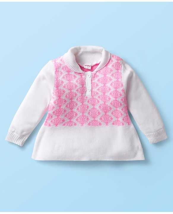 Babyhug Knitted Full Sleeves Collared Sweater Set with Design - Pink