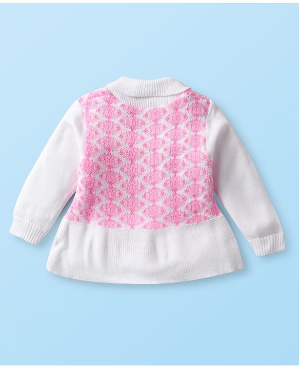 Babyhug Knitted Full Sleeves Collared Sweater Set with Design - Pink
