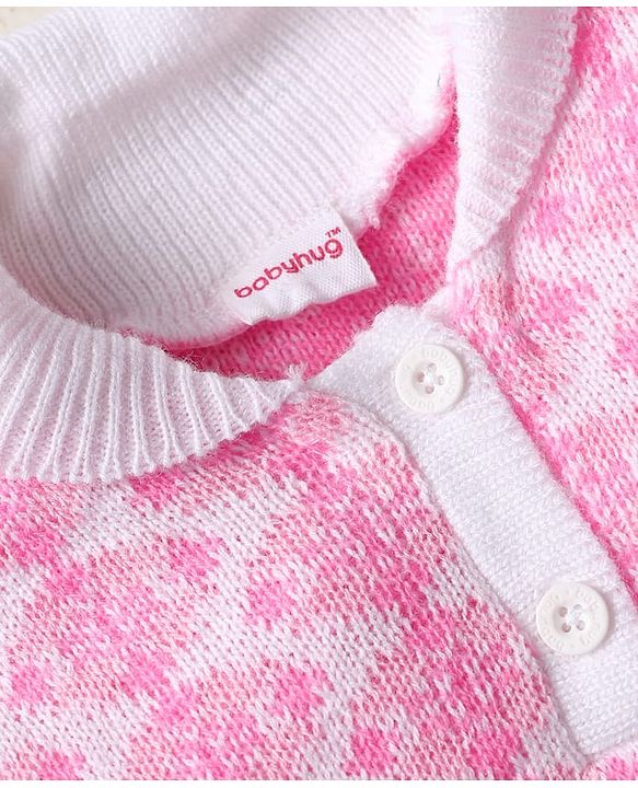 Babyhug Knitted Full Sleeves Collared Sweater Set with Design - Pink