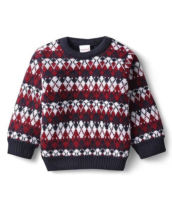 Babyhug Knitted Full Sleeves Sweater Set With Chevron Design - Navy Blue
