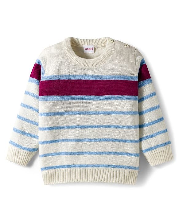 Babyhug Knitted Full Sleeves Striped Sweater Set - Wine & White