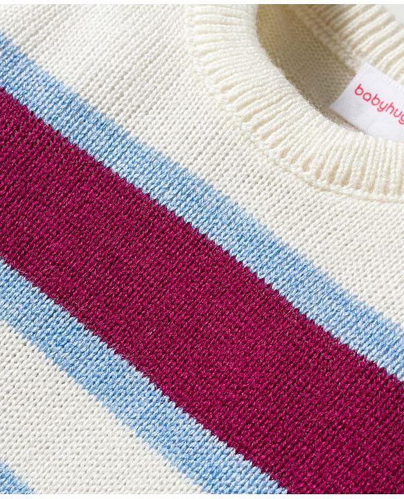 Babyhug Knitted Full Sleeves Striped Sweater Set - Wine & White