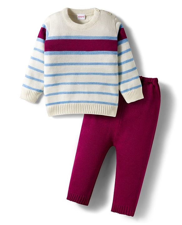 Babyhug Knitted Full Sleeves Striped Sweater Set - Wine & White
