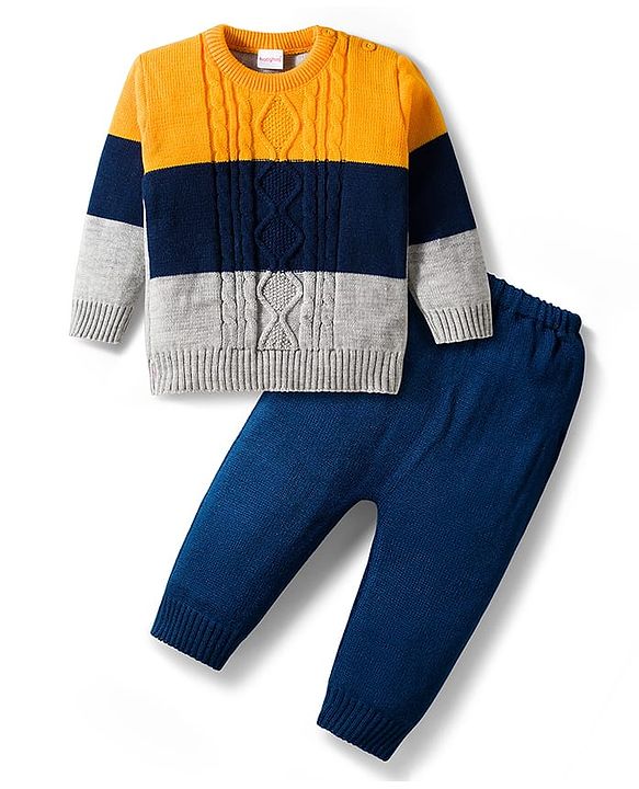 Babyhug Knit Full Sleeves Sweater Set with Color Block & Cable Knit Design - Navy Blue Grey & Yellow