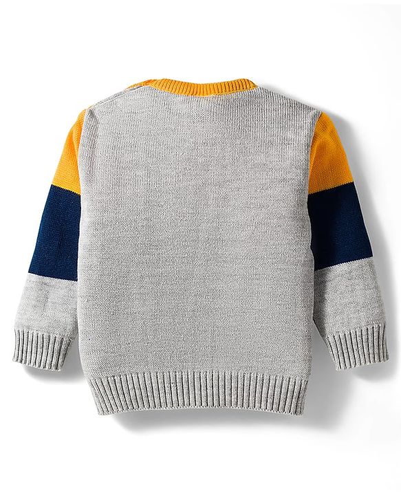 Babyhug Knit Full Sleeves Sweater Set with Color Block & Cable Knit Design - Navy Blue Grey & Yellow