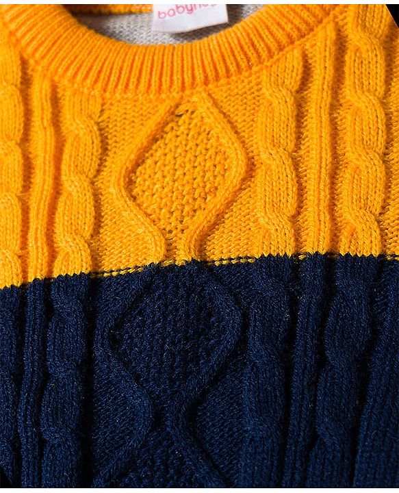 Babyhug Knit Full Sleeves Sweater Set with Color Block & Cable Knit Design - Navy Blue Grey & Yellow