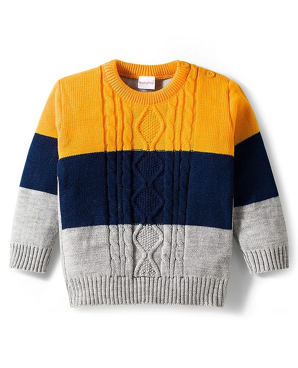 Babyhug Knit Full Sleeves Sweater Set with Color Block & Cable Knit Design - Navy Blue Grey & Yellow