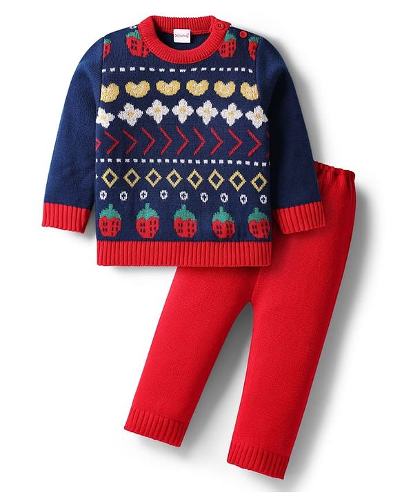 Babyhug Knit Full Sleeves Pullover Sweater Set With Floral Design - Red