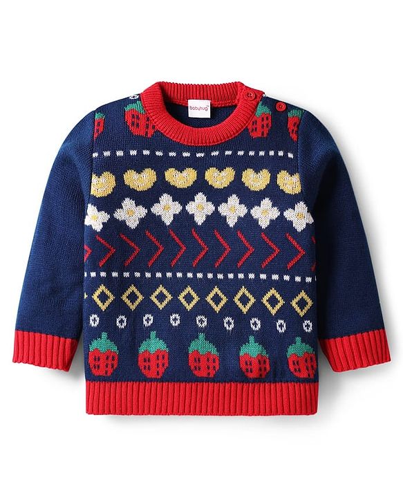 Babyhug Knit Full Sleeves Pullover Sweater Set With Floral Design - Red