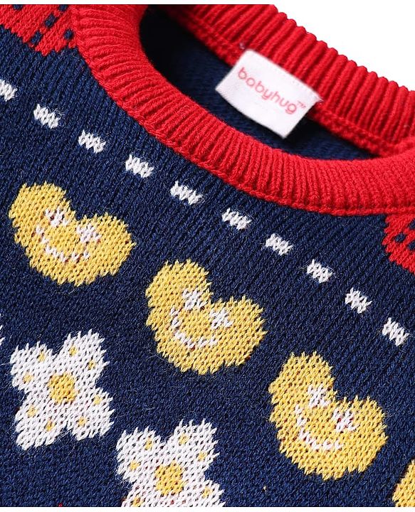 Babyhug Knit Full Sleeves Pullover Sweater Set With Floral Design - Red