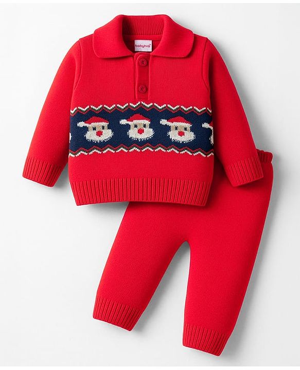 Babyhug Knit Full Sleeves Pullover Collared Sweater Set with Santa Design - Red