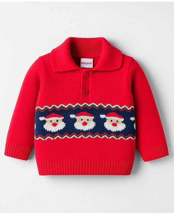 Babyhug Knit Full Sleeves Pullover Collared Sweater Set with Santa Design - Red