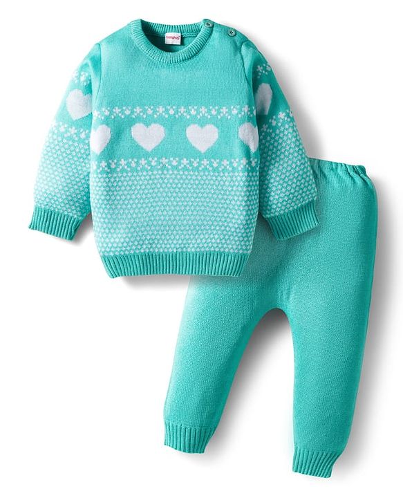 Babyhug Knit Full Sleeves Pullover Sweater Set with Heart Design - Aqua Blue