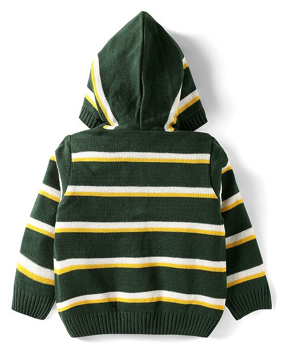 Babyhug Knit Full Sleeves Hooded Sweater Set with Stripes - Dark Green & Yellow