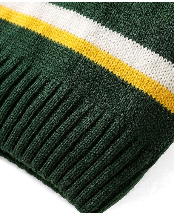 Babyhug Knit Full Sleeves Hooded Sweater Set with Stripes - Dark Green & Yellow