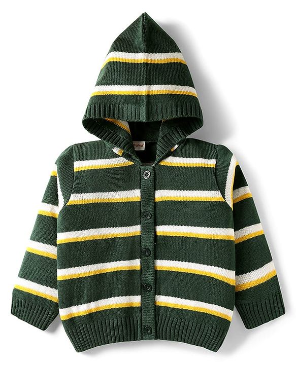 Babyhug Knit Full Sleeves Hooded Sweater Set with Stripes - Dark Green & Yellow