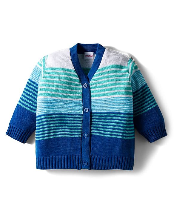 Babyhug Knit Full Sleeves Front Open Sweater Set with Stripes - Blue