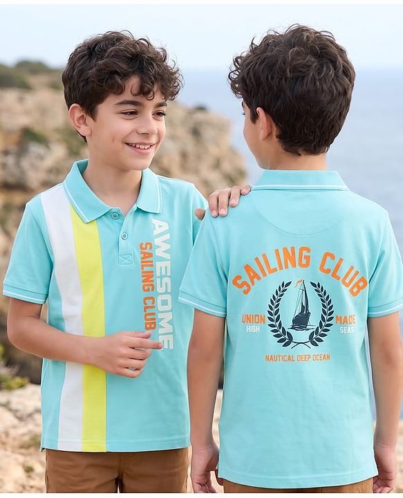 Pine Kids Cotton Knit Half Sleeves Polo T-Shirt with Front & Back Sailing Club Print - Light Blue