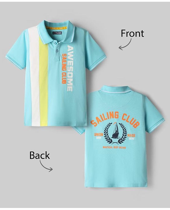 Pine Kids Cotton Knit Half Sleeves Polo T-Shirt with Front & Back Sailing Club Print - Light Blue