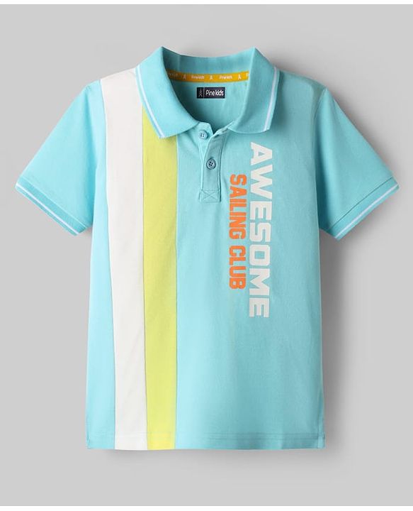Pine Kids Cotton Knit Half Sleeves Polo T-Shirt with Front & Back Sailing Club Print - Light Blue