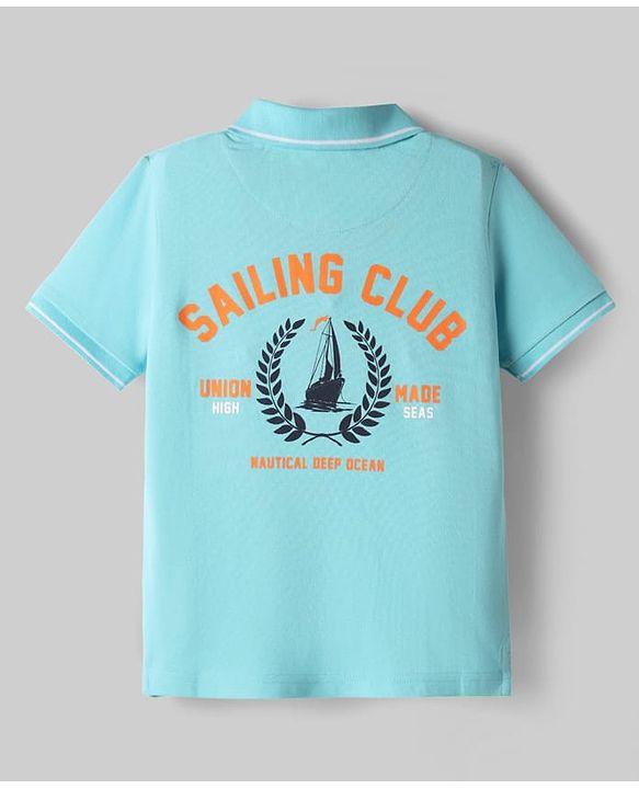 Pine Kids Cotton Knit Half Sleeves Polo T-Shirt with Front & Back Sailing Club Print - Light Blue