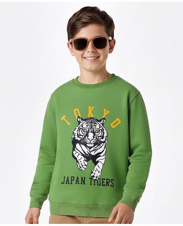 Pine Kids Knit Full Sleeves Pullover Sweatshirt with Tiger Print - Green