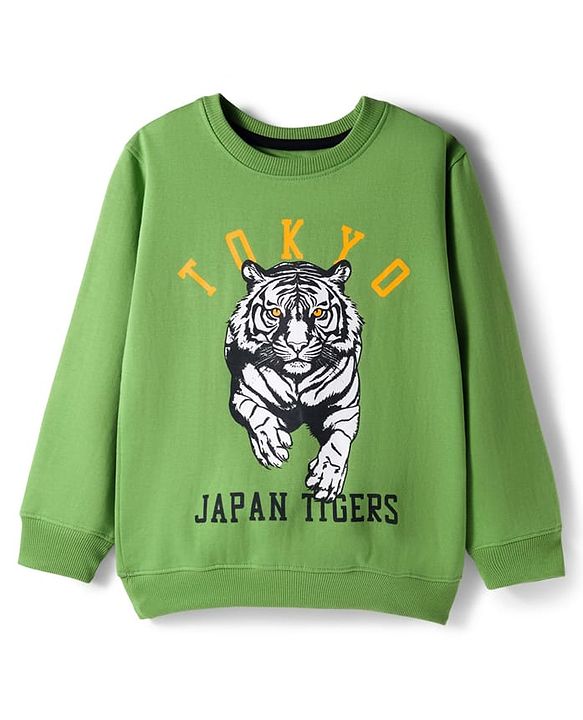 Pine Kids Knit Full Sleeves Pullover Sweatshirt with Tiger Print - Green