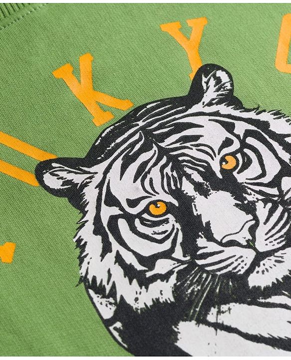 Pine Kids Knit Full Sleeves Pullover Sweatshirt with Tiger Print - Green