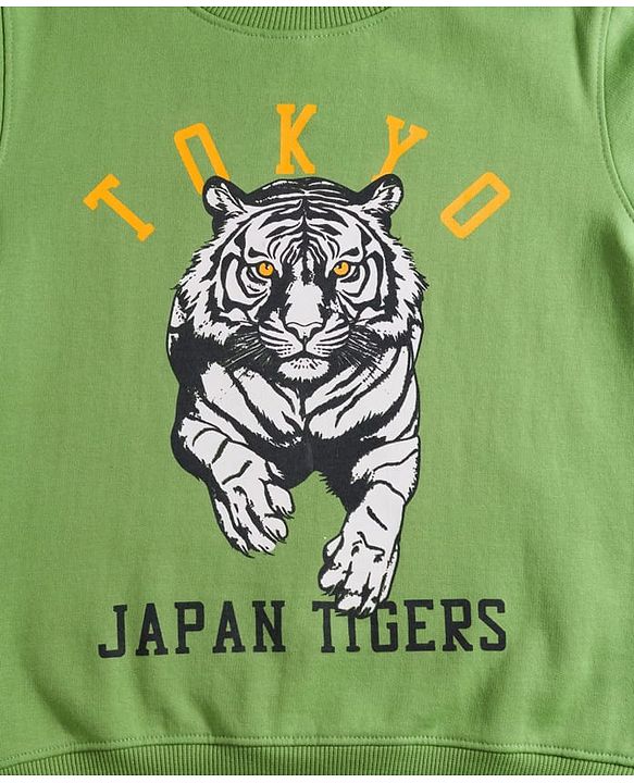 Pine Kids Knit Full Sleeves Pullover Sweatshirt with Tiger Print - Green