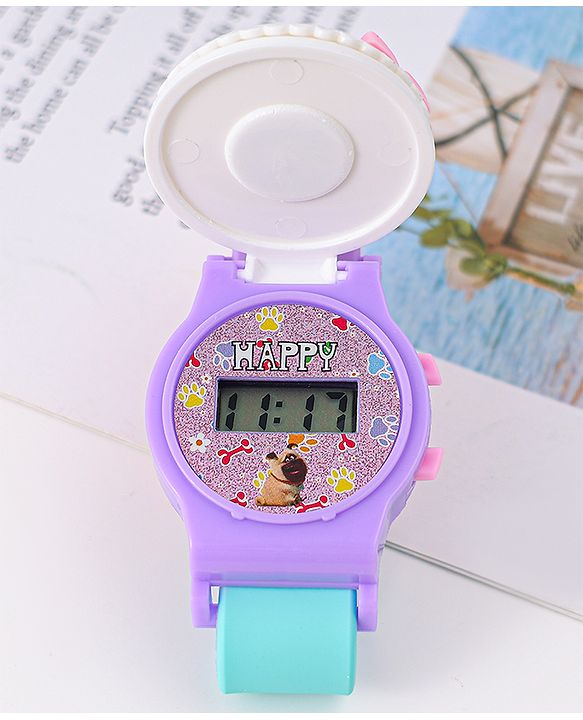 Babyhug FLip Top Digital Watch with Pengu Applique & Doggo Print - Light Blue & Lilac