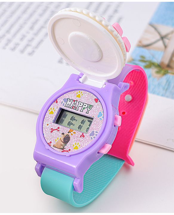 Babyhug FLip Top Digital Watch with Pengu Applique & Doggo Print - Light Blue & Lilac