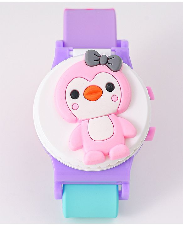 Babyhug FLip Top Digital Watch with Pengu Applique & Doggo Print - Light Blue & Lilac