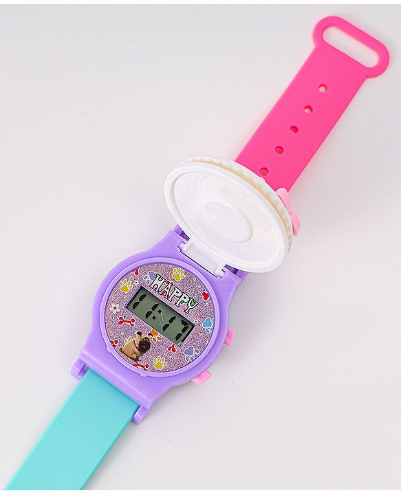 Babyhug FLip Top Digital Watch with Pengu Applique & Doggo Print - Light Blue & Lilac