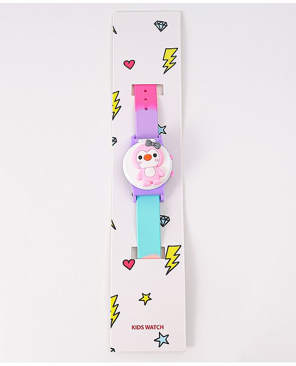 Babyhug FLip Top Digital Watch with Pengu Applique & Doggo Print - Light Blue & Lilac