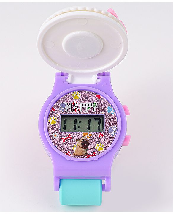 Babyhug FLip Top Digital Watch with Pengu Applique & Doggo Print - Light Blue & Lilac