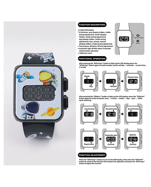 Babyhug Digital Watch With Space Theme Free Size - Black