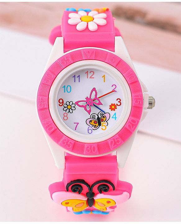 Babyhug Analog Watch with Floral & Butterfly Design - Fuchsia