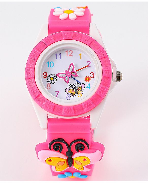 Babyhug Analog Watch with Floral & Butterfly Design - Fuchsia