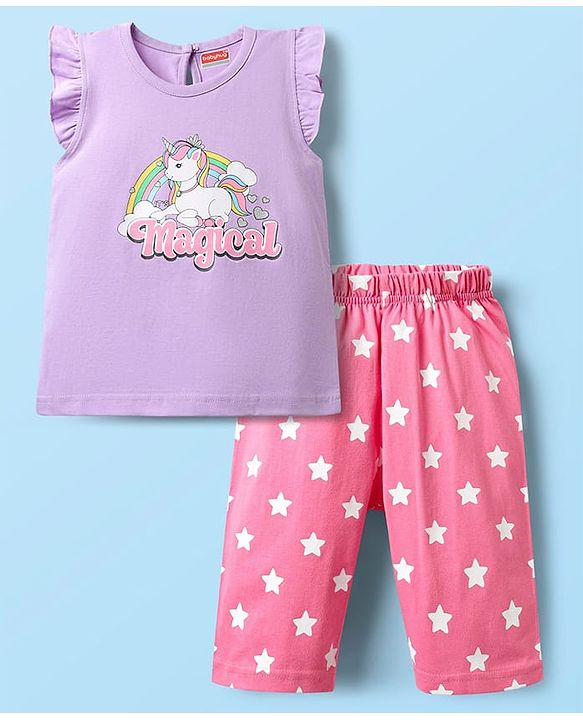 Babyhug Cotton Knit Frill Sleeves Capri Night Suit With Unicorn Print - Lavender & Dark Pink