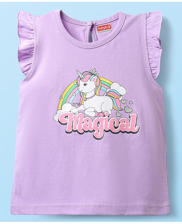 Babyhug Cotton Knit Frill Sleeves Capri Night Suit With Unicorn Print - Lavender & Dark Pink