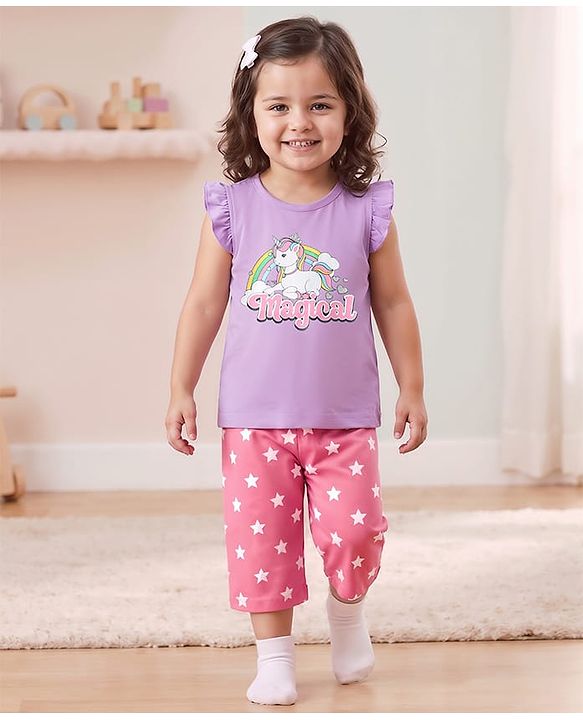 Babyhug Cotton Knit Frill Sleeves Capri Night Suit With Unicorn Print - Lavender & Dark Pink