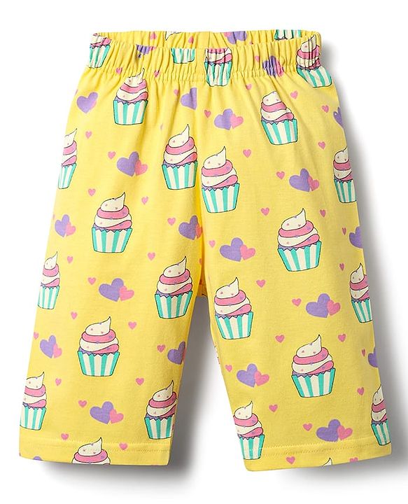 Babyhug Cotton Knit Frill Sleeves Capri Night Suit With Cup Cakes Print - Lavender