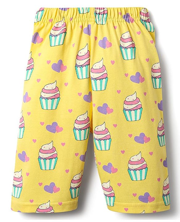 Babyhug Cotton Knit Frill Sleeves Capri Night Suit With Cup Cakes Print - Lavender