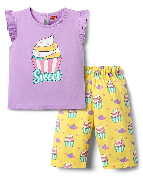 Babyhug Cotton Knit Frill Sleeves Capri Night Suit With Cup Cakes Print - Lavender