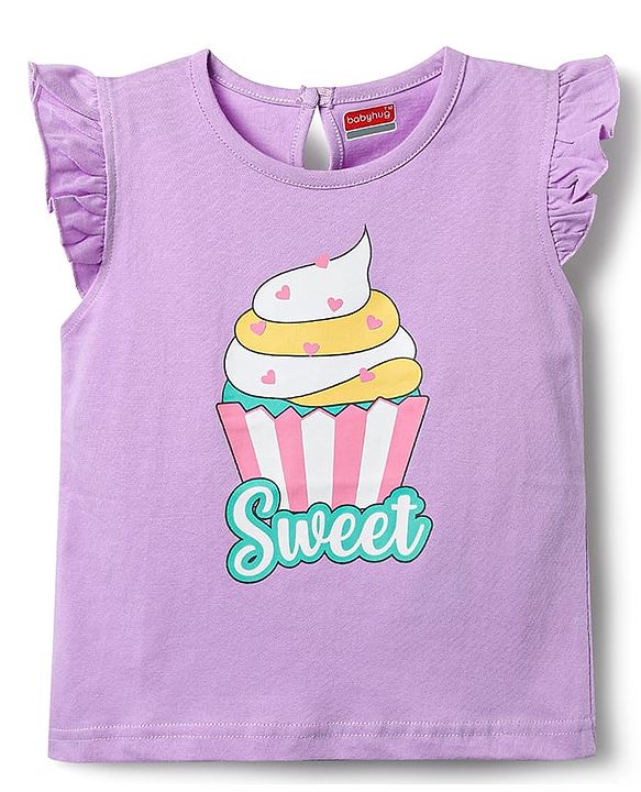 Babyhug Cotton Knit Frill Sleeves Capri Night Suit With Cup Cakes Print - Lavender