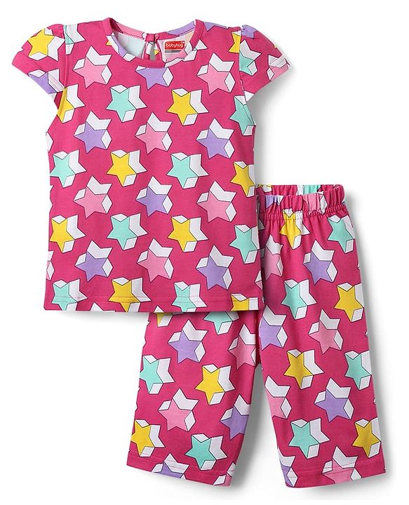 Babyhug Cotton Knit Cap Sleeves Capri Night Suit With Stars Print - Pink